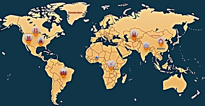 Une carte du monde où sont pointées les villes commençant par A