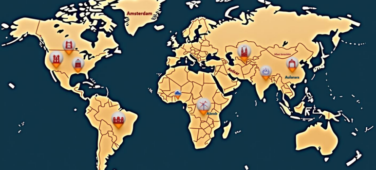 Une carte du monde où sont pointées les villes commençant par A