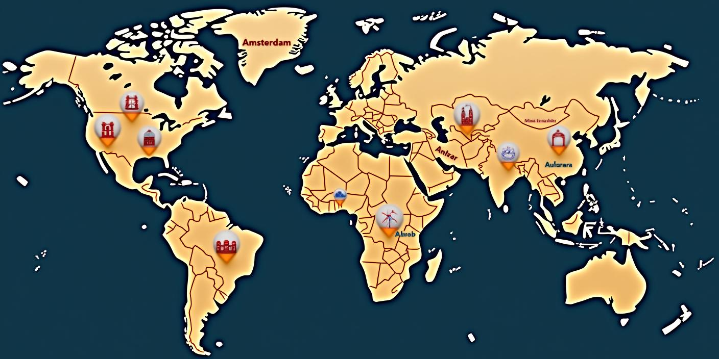 Une carte du monde où sont pointées les villes commençant par A