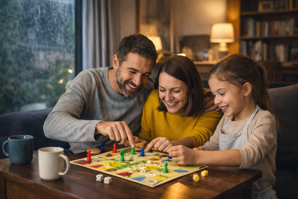 Une famille qui joue à des jeux de société en temps de pluie