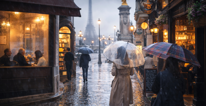 Une touriste qui profite de Paris en temps de pluie