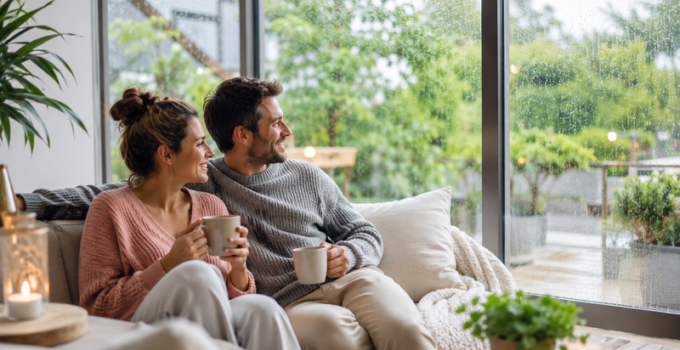 Un couple qui passe du bon temps pendant qu'il pleut