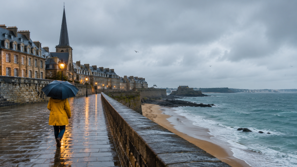Une femme se prmène à Saint Malo en temps de pluie