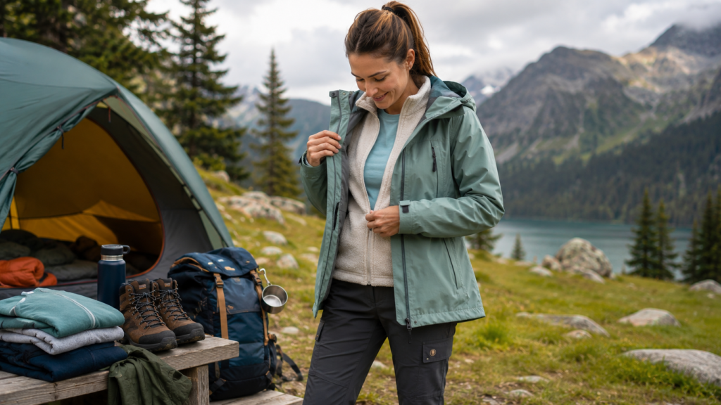 une femme équipée des bons vetements pour du camping