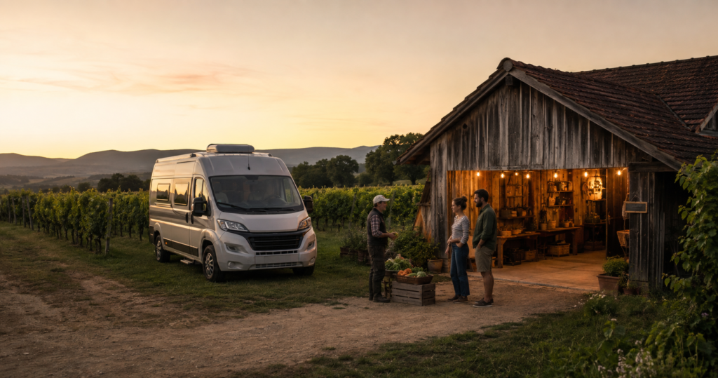 Camping-car stationné près d’une ferme viticole, avec des voyageurs accueillis par un producteur au coucher du soleil.