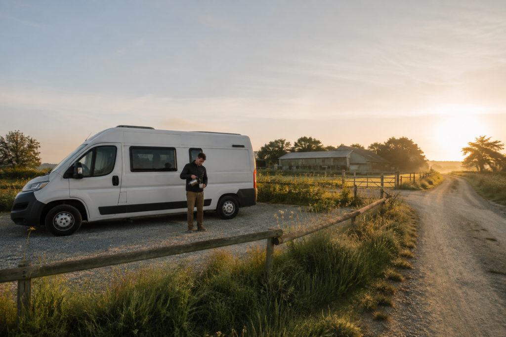 Van autonome stationné dans une ferme française au lever du soleil.