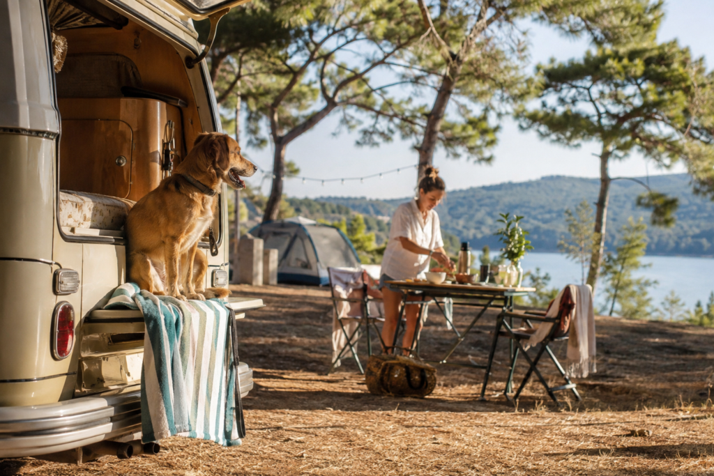 Camping dog friendly en France conseils, régions, règles et critères pour réserver des vacances agréables avec votre chien.