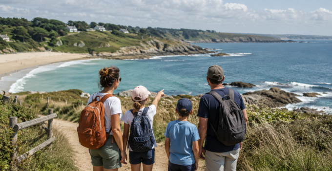 Famille observant une plage abritée et des falaises sur le littoral finistérien.