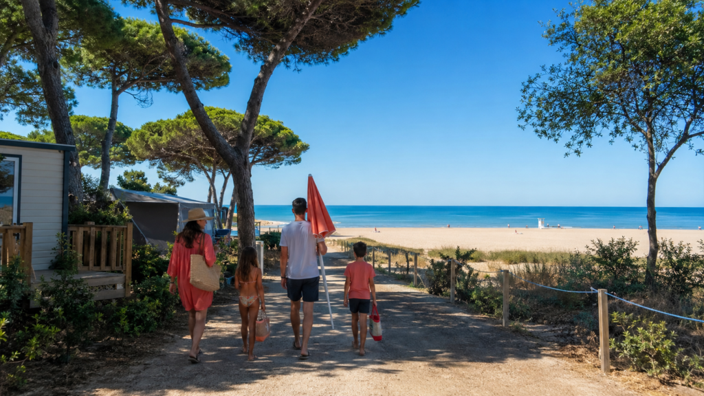 Famille rejoignant la plage depuis un camping ombragé de La Grande-Motte.