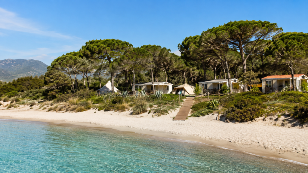 Camping sarde installé derrière une plage de sable clair et des pins méditerranéens.