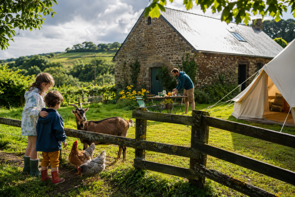 Enfants observant des chèvres et des poules près d’une tente, dans une ferme bretonne.
