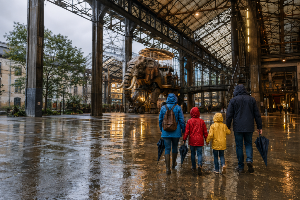 Famille en imperméables devant le Grand Éléphant des Machines de l’Île, à Nantes sous la pluie.