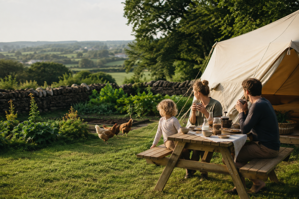 Famille prenant le petit déjeuner devant sa tente, près d’un potager et de poules en Bretagne.