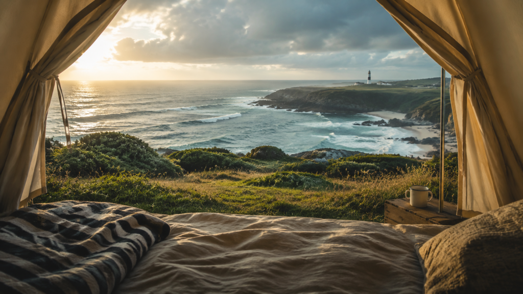 Vue sur la côte du Finistère depuis une tente face à l’océan et un phare breton.
