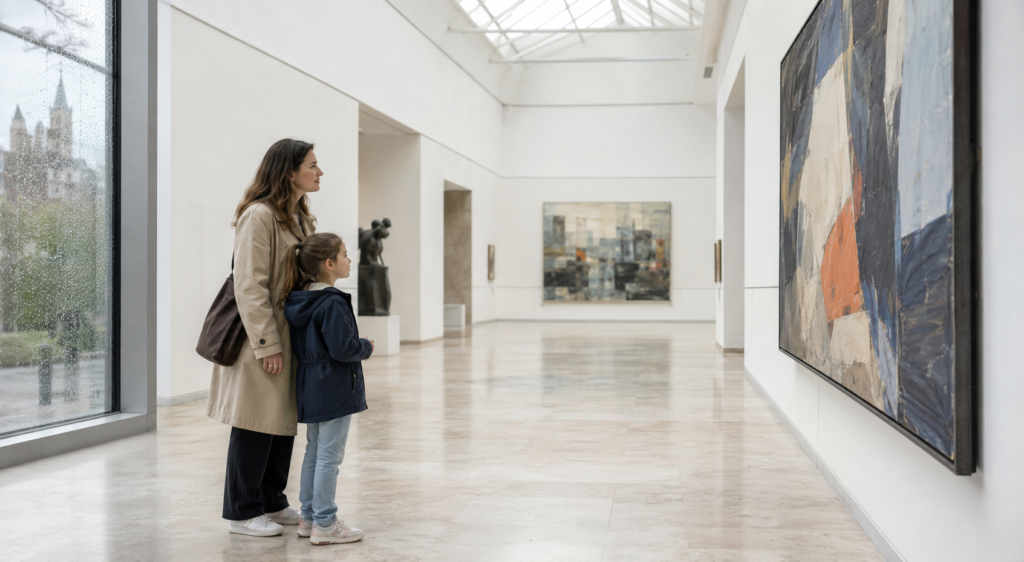 Mère et fille découvrant des œuvres dans un musée nantais pendant une journée pluvieuse.