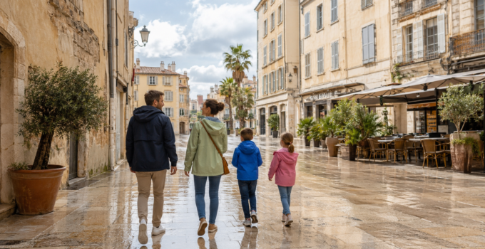 Famille en balade dans une rue provençale après une averse dans le Var.