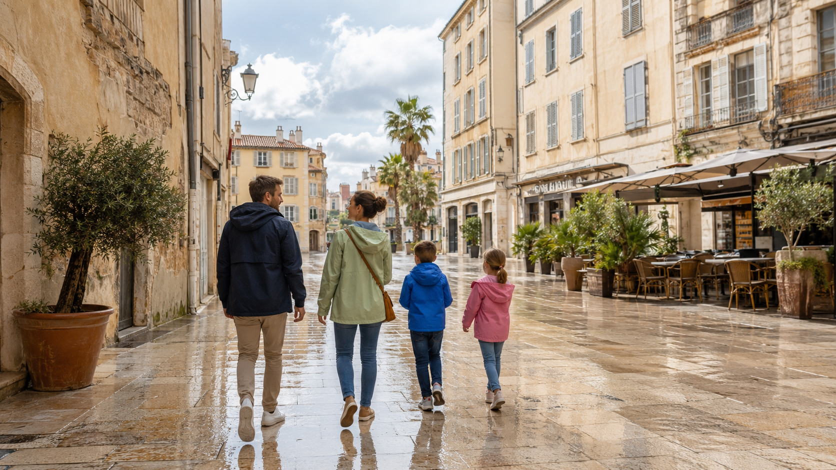 Famille en balade dans une rue provençale après une averse dans le Var.
