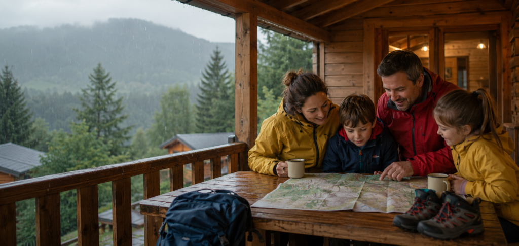 Famille préparant une sortie depuis la terrasse couverte d’un chalet, face aux Vosges sous la pluie.