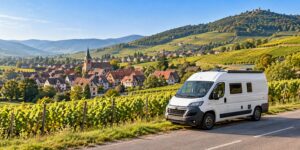 Camping-car blanc sur la route des vins d’Alsace, face à un village alsacien et aux vignobles.