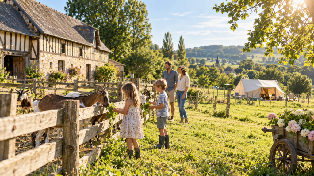 Enfants nourrissant des chèvres dans une ferme normande, près de leur tente de camping.