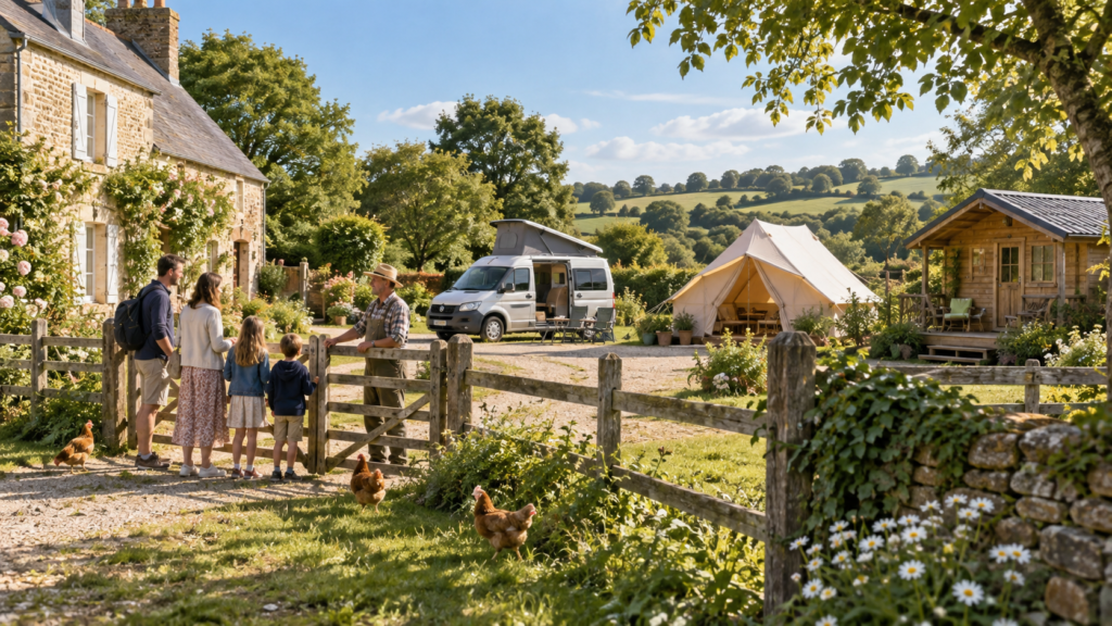 Famille accueillie dans une ferme normande avec tente, van et cabane en bois.
