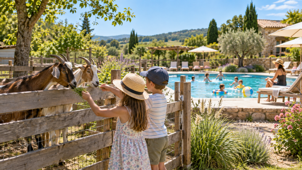 Enfants nourrissant des chèvres dans un camping à la ferme avec piscine en France.