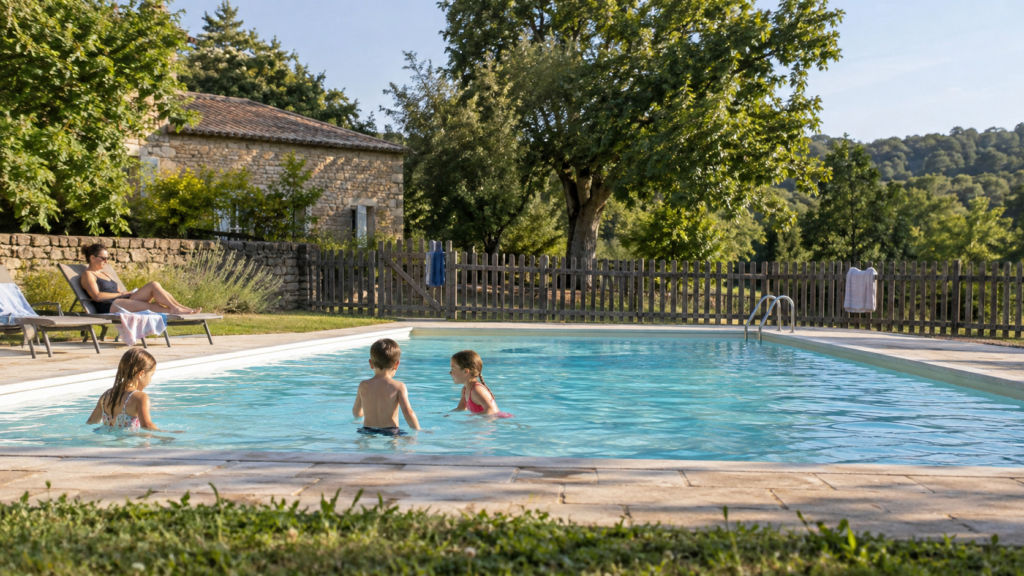 Enfants jouant dans la piscine d’un petit camping familial à la campagne.