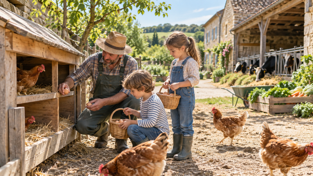 Agriculteur montrant la collecte des œufs à deux enfants dans une ferme d’accueil.