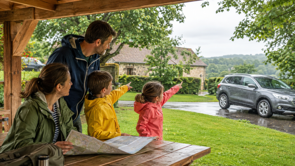 Famille en vacances préparant une sortie en Dordogne depuis une terrasse de camping pendant une averse.