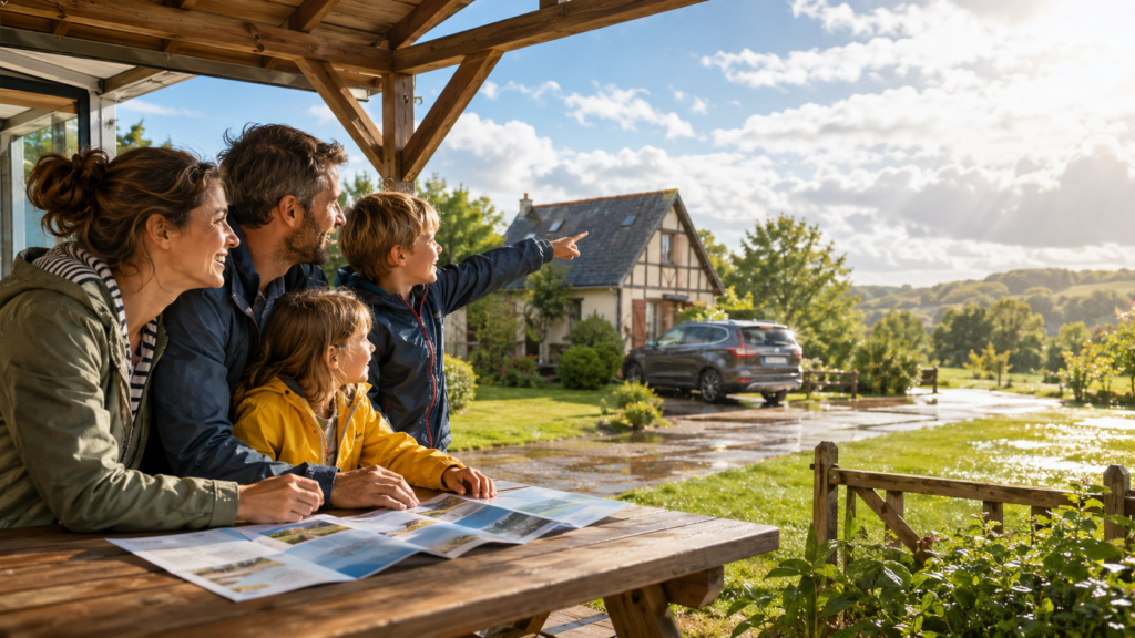 Famille préparant une sortie en Normandie depuis la terrasse d’un camping après une averse.